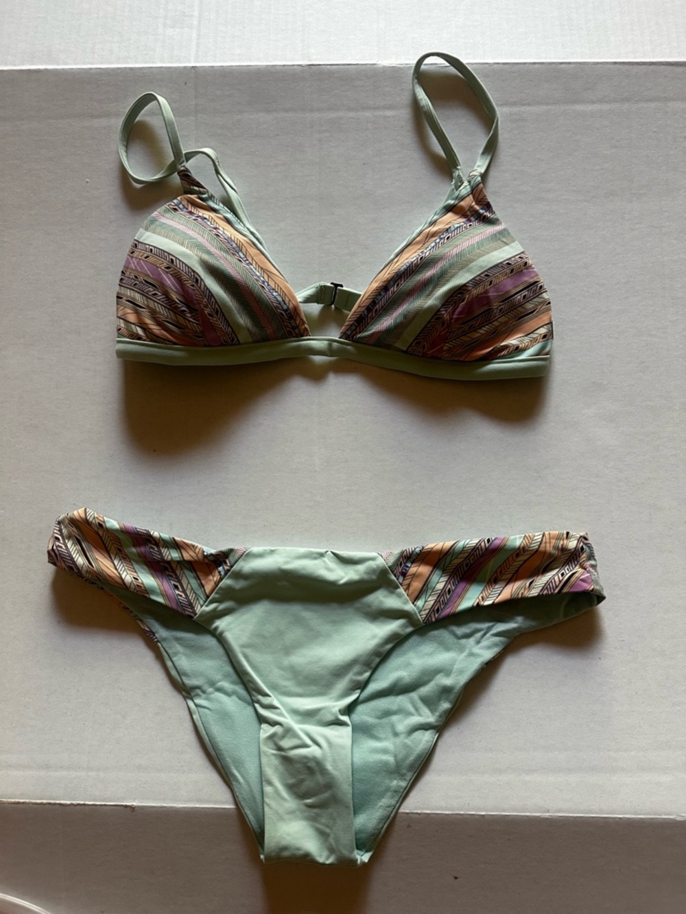 O'Neill Light Sage Triangle Bikini with Pastel Stripe Accents